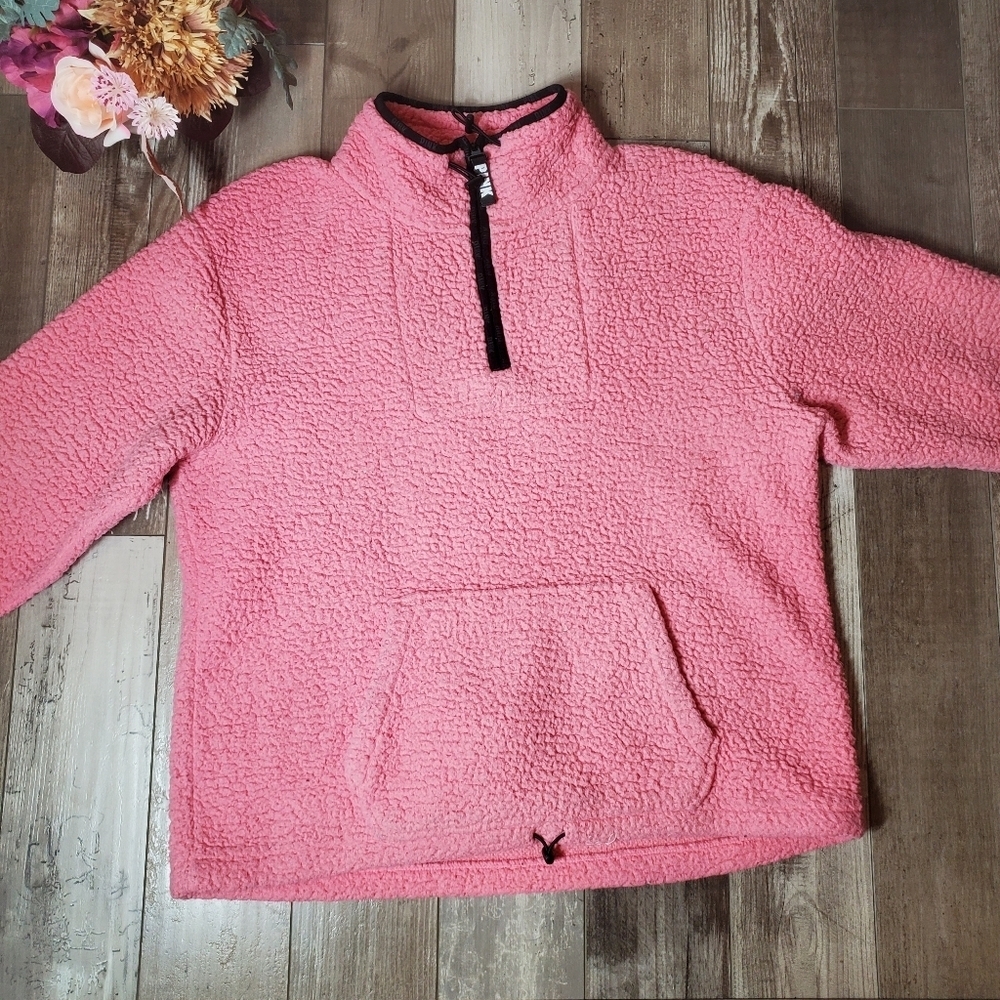 PINK Victoria's Secret Pink Sherpa Quarter Zip Pullover Jacket Campus Winter EUC - Picture 16 of 16